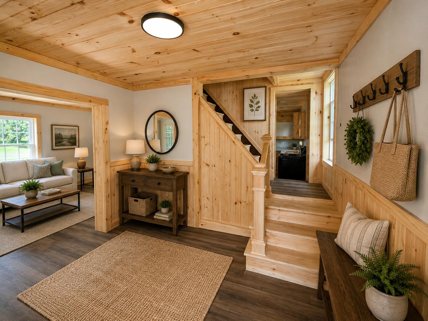 Foyer with a wood-paneled staircase, round mirror, console table, and adjoining sitting room.