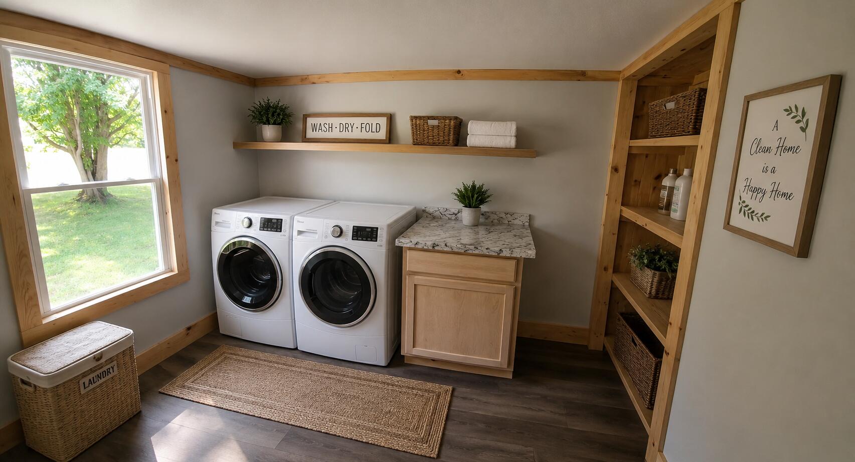 Laundry room with front-loading washer and dryer, wood shelving, and a large window overlooking the yard.