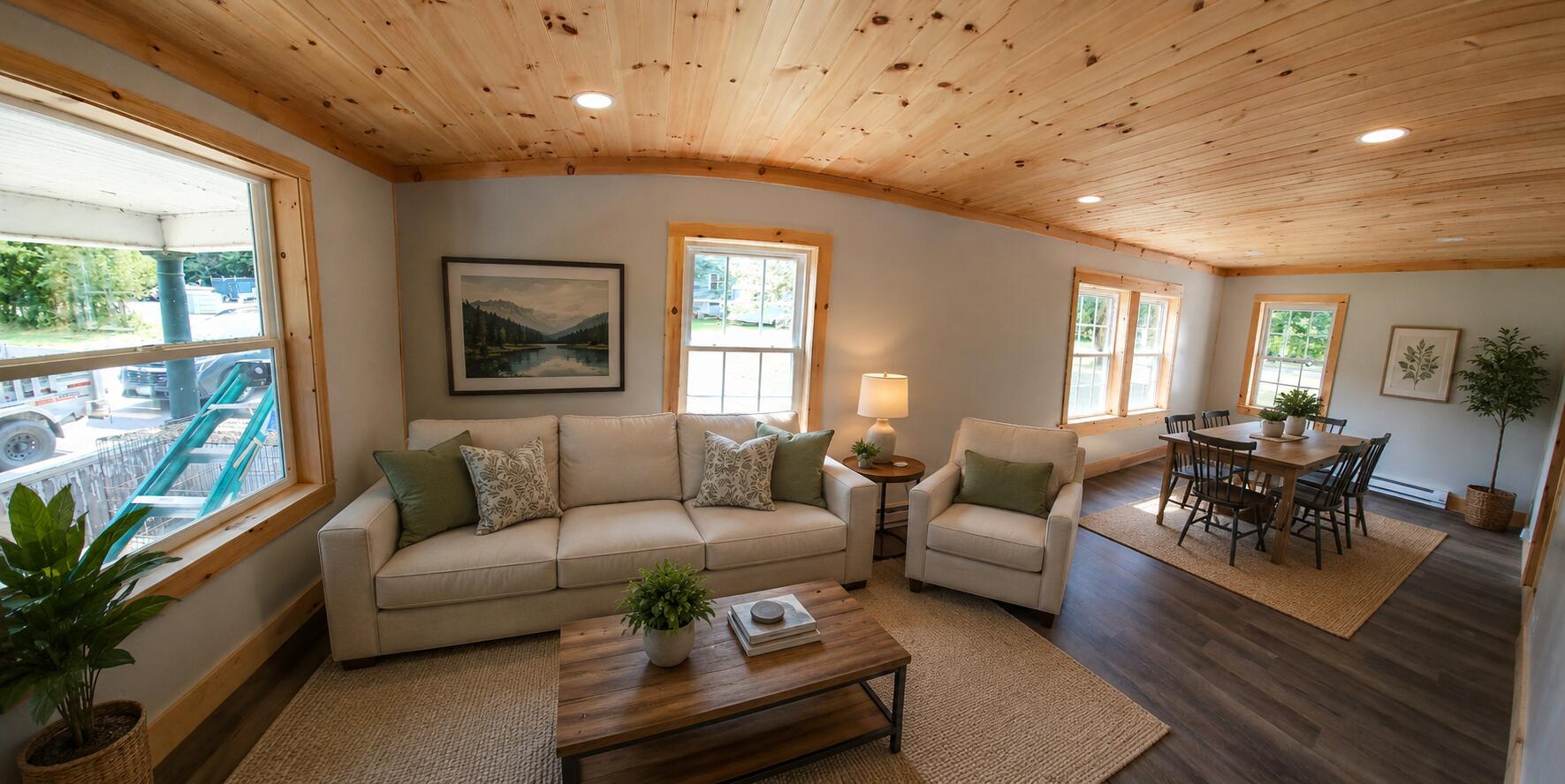 Living and dining area with a vaulted pine ceiling, neutral sofas, and wood-trimmed windows.