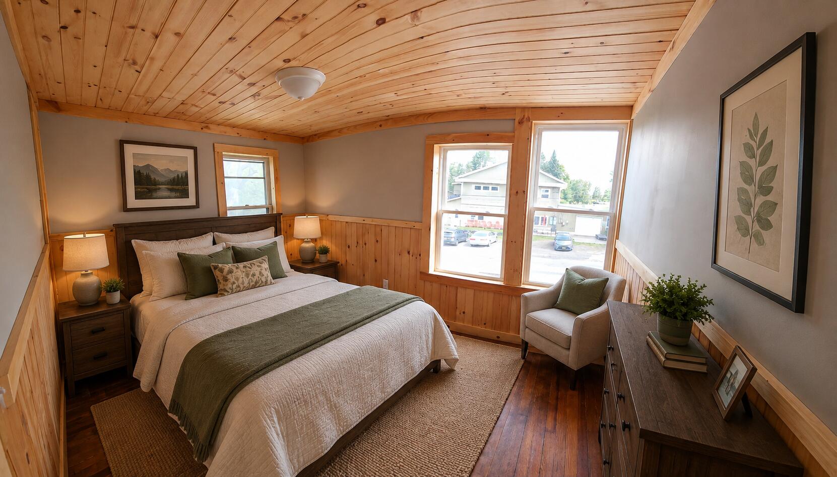 Bedroom with a pine-plank ceiling, white bed, green throw, and windows overlooking the street.
