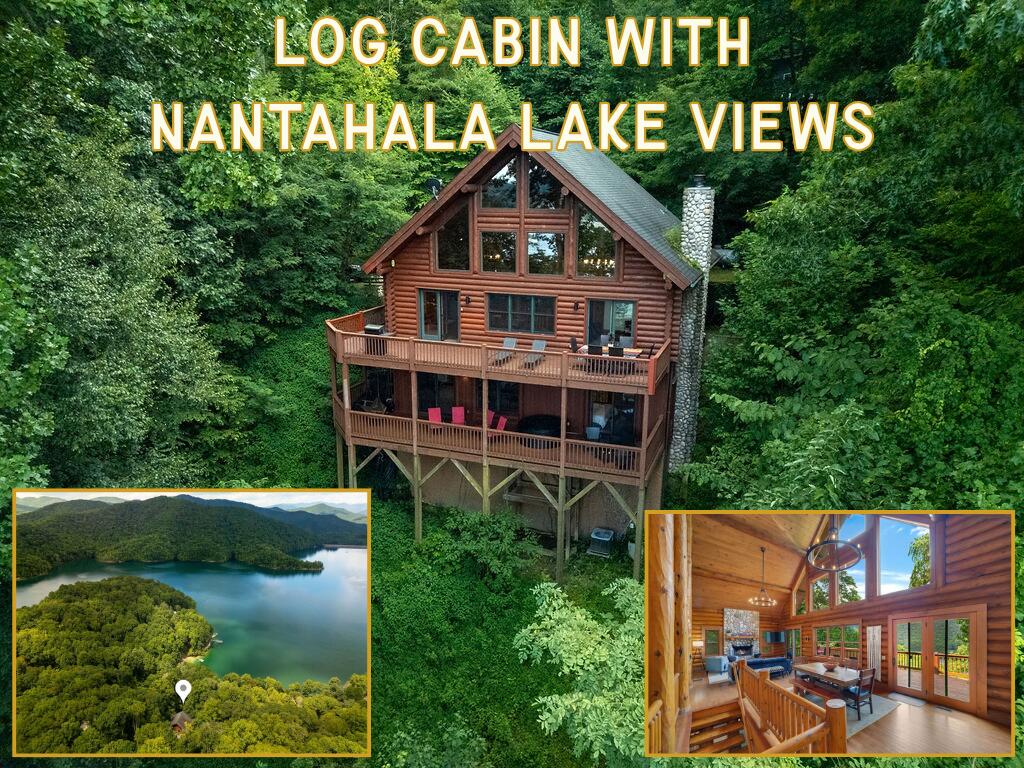 Promotional graphic for a log cabin with Nantahala Lake views, featuring exterior, lake, and interior photos.