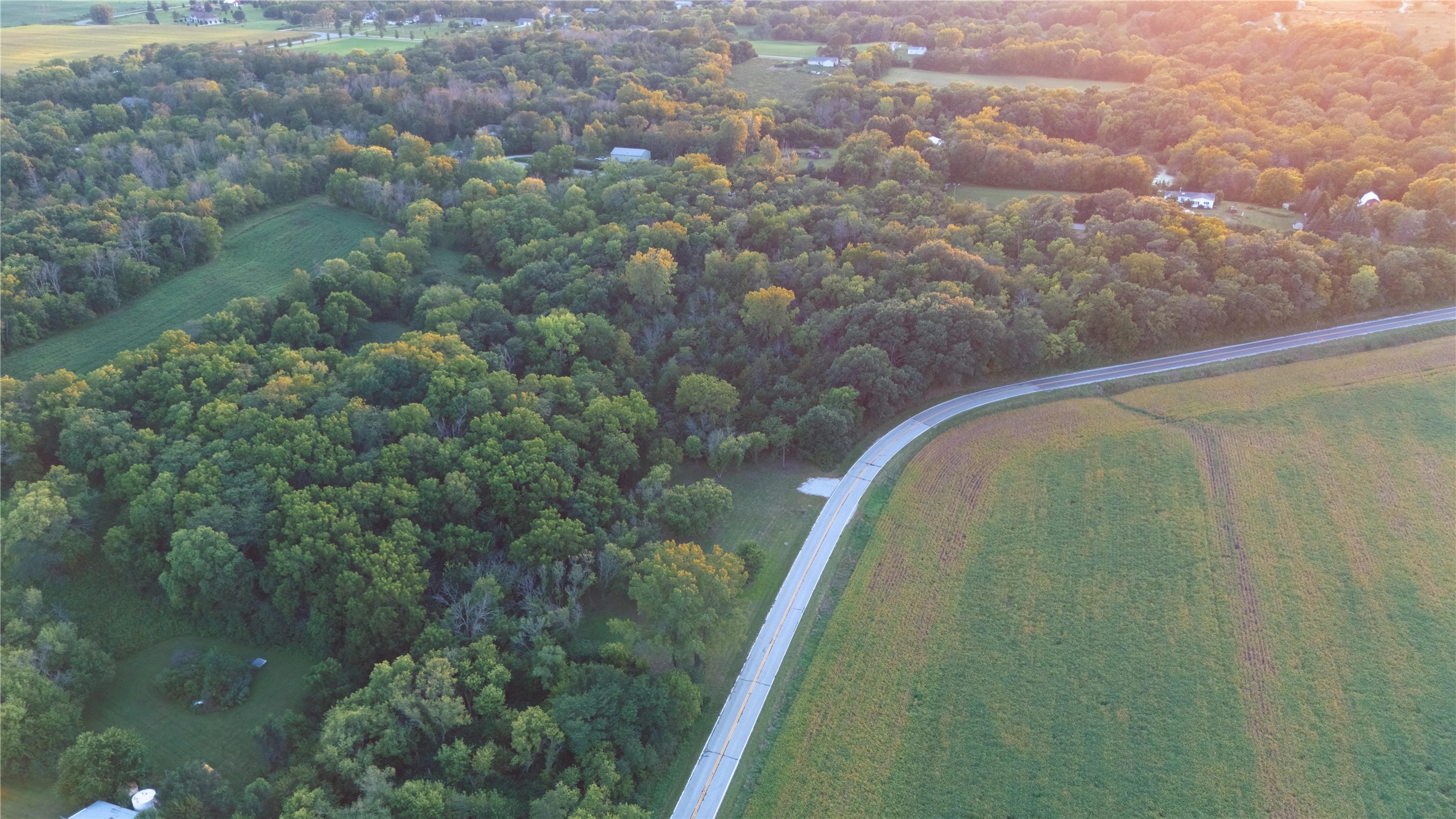 Aerial view of wooded acreage beside a curved road and open farmland.