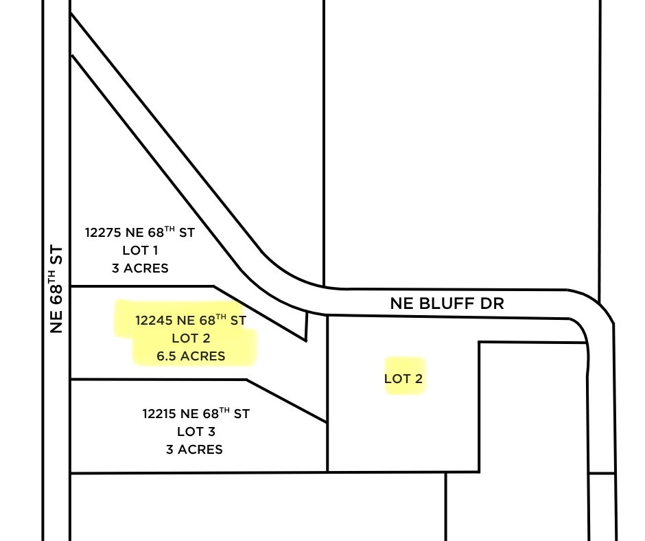 Lot map highlighting 6.5-acre Lot 2 at 12245 NE 68th Street.