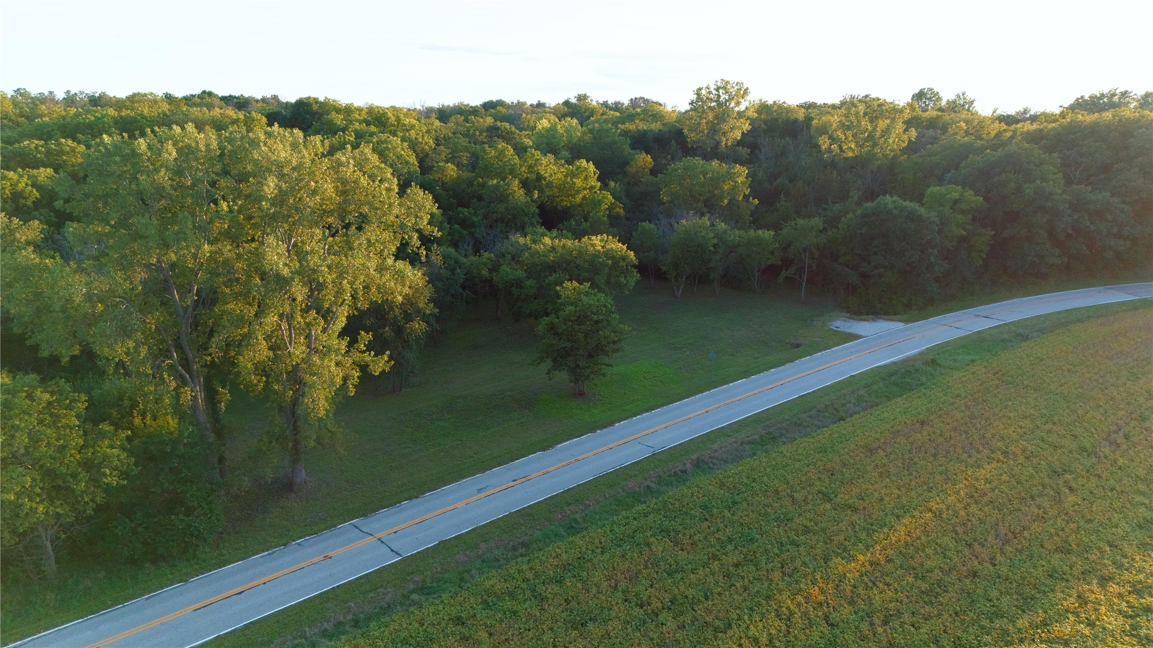 Aerial view of wooded property and grassy field beside a two-lane road.
