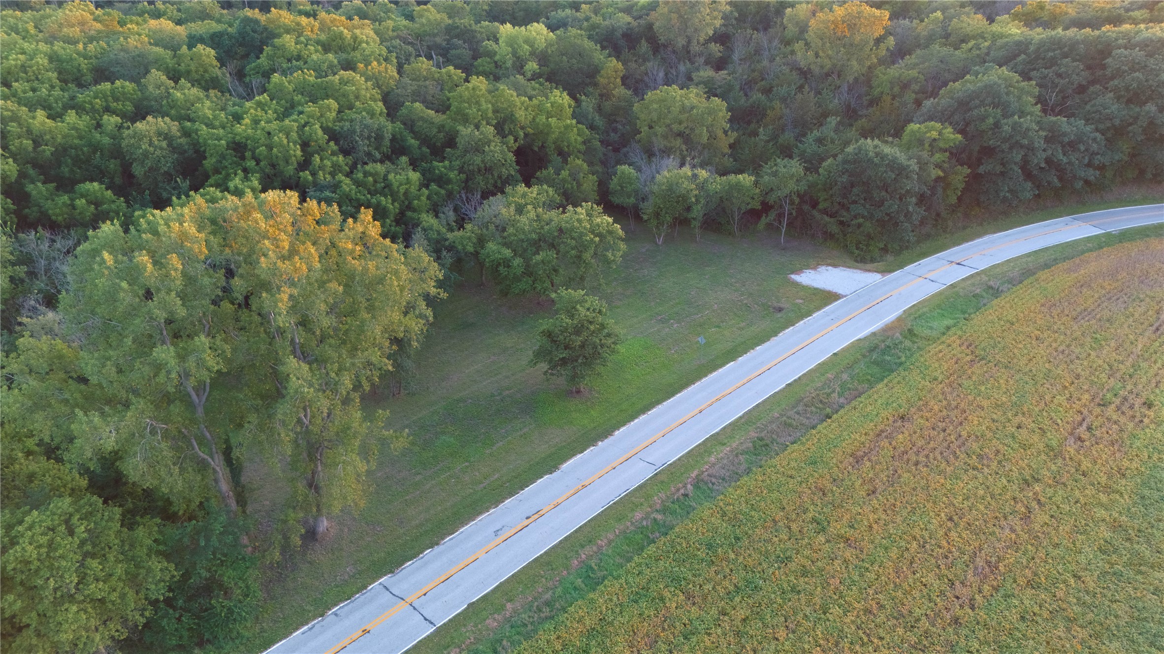 Aerial view of a wooded grassy property beside a curving two-lane road.