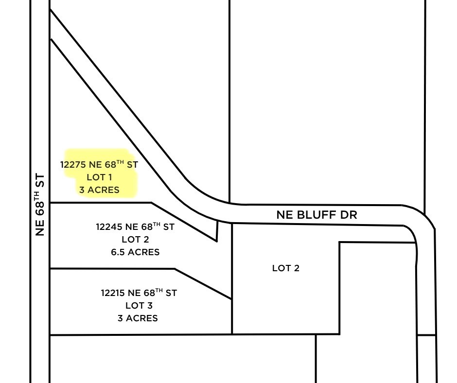 Subdivision map highlighting Lot 1, a 3-acre parcel at 12275 NE 68th Street.