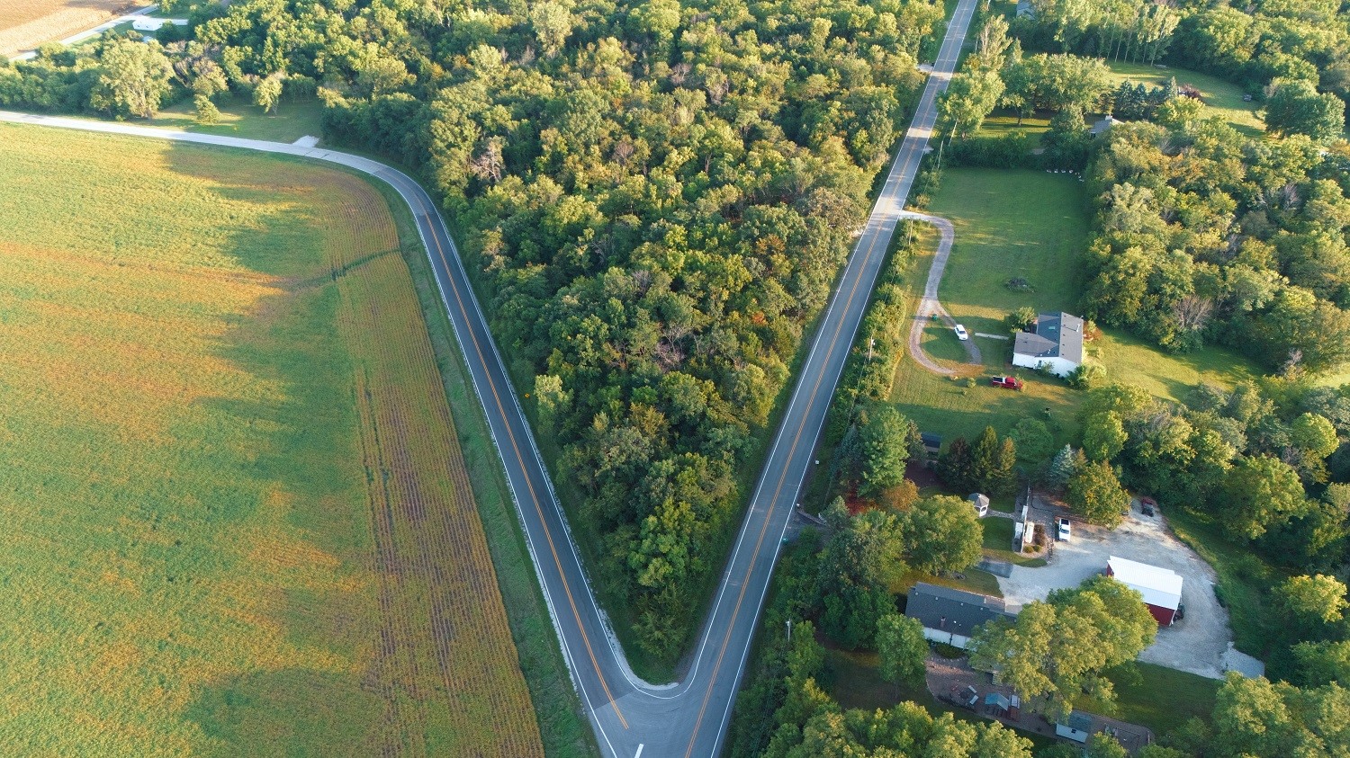 Aerial view of a golden field, wooded land, winding roads, and scattered rural homes.