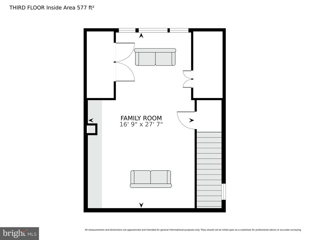 Third-floor plan with a large family room, stairs, and a 577-square-foot area.