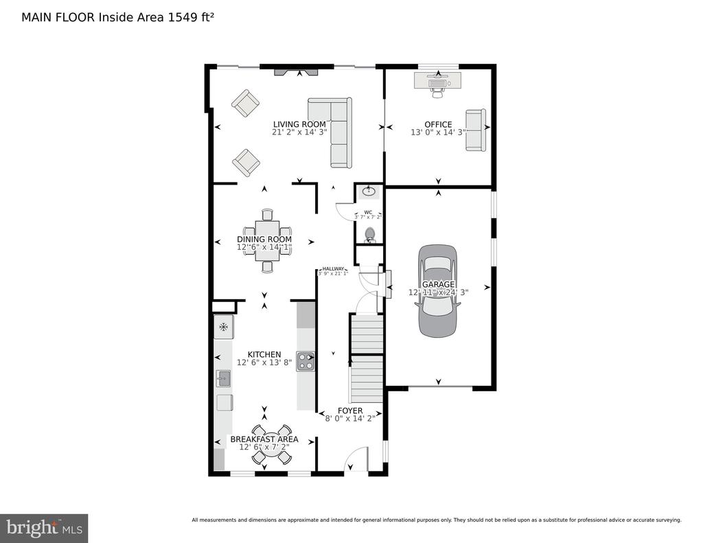 Main-floor plan with labeled room dimensions, including a living room, office, kitchen and attached garage.