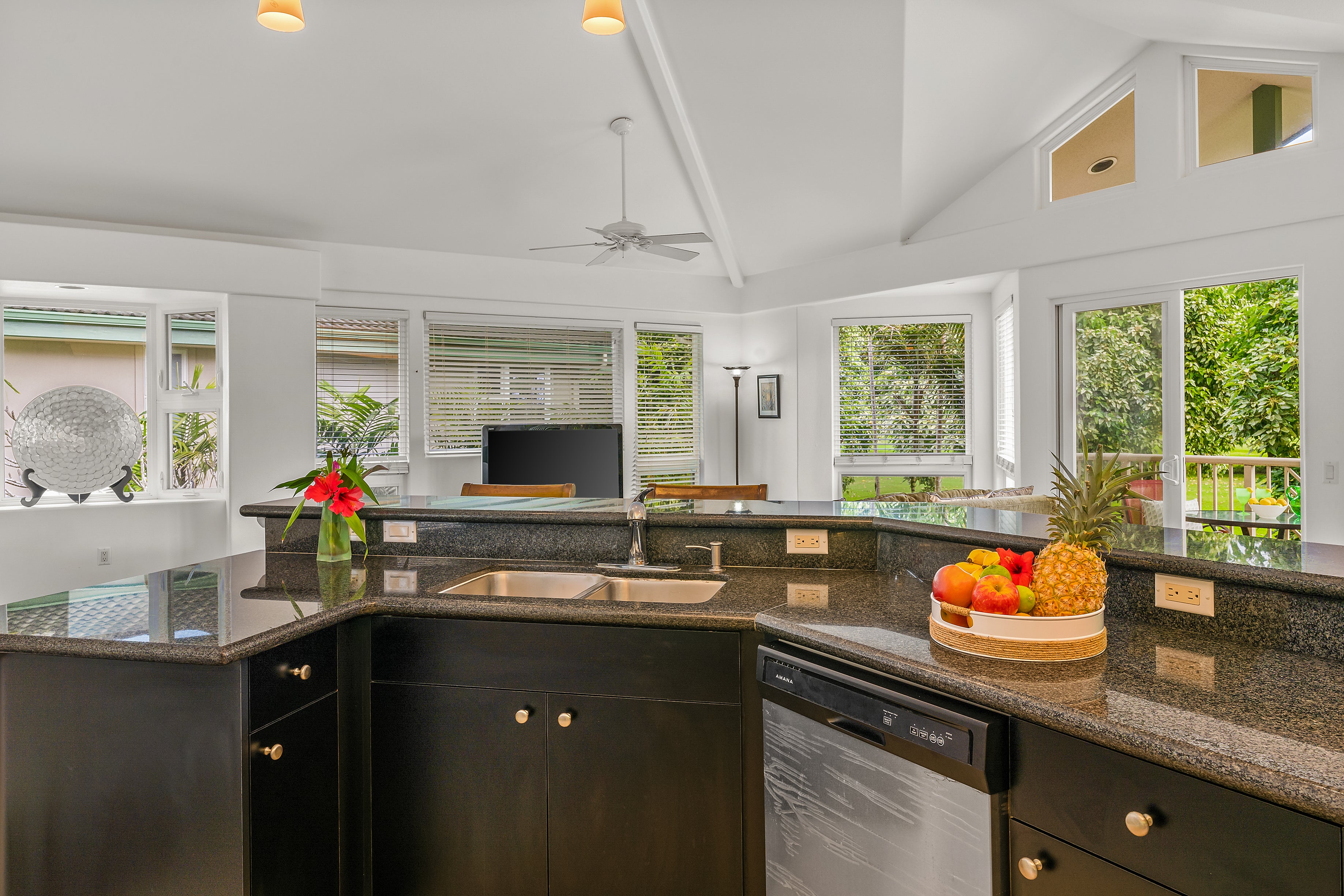 Kitchen with dark cabinets and granite counters, opening to a leafy outdoor view through windows and a glass door.