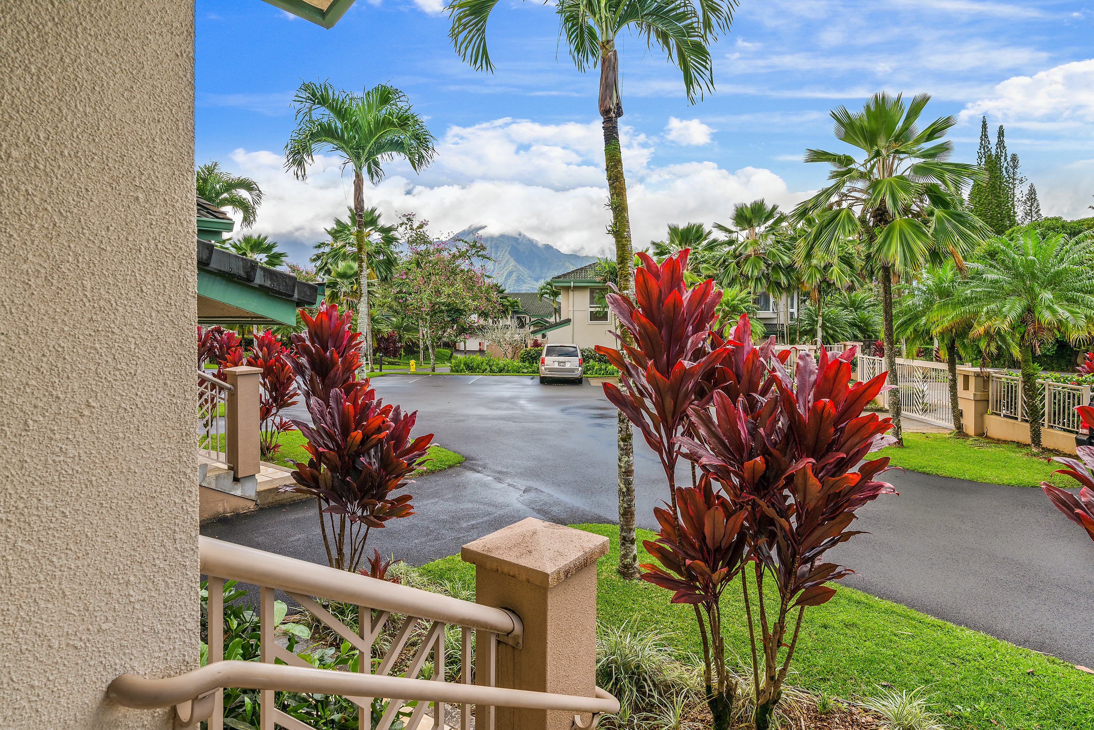 Front porch overlooks a tropical driveway with red foliage, palms, and a cloud-covered mountain.