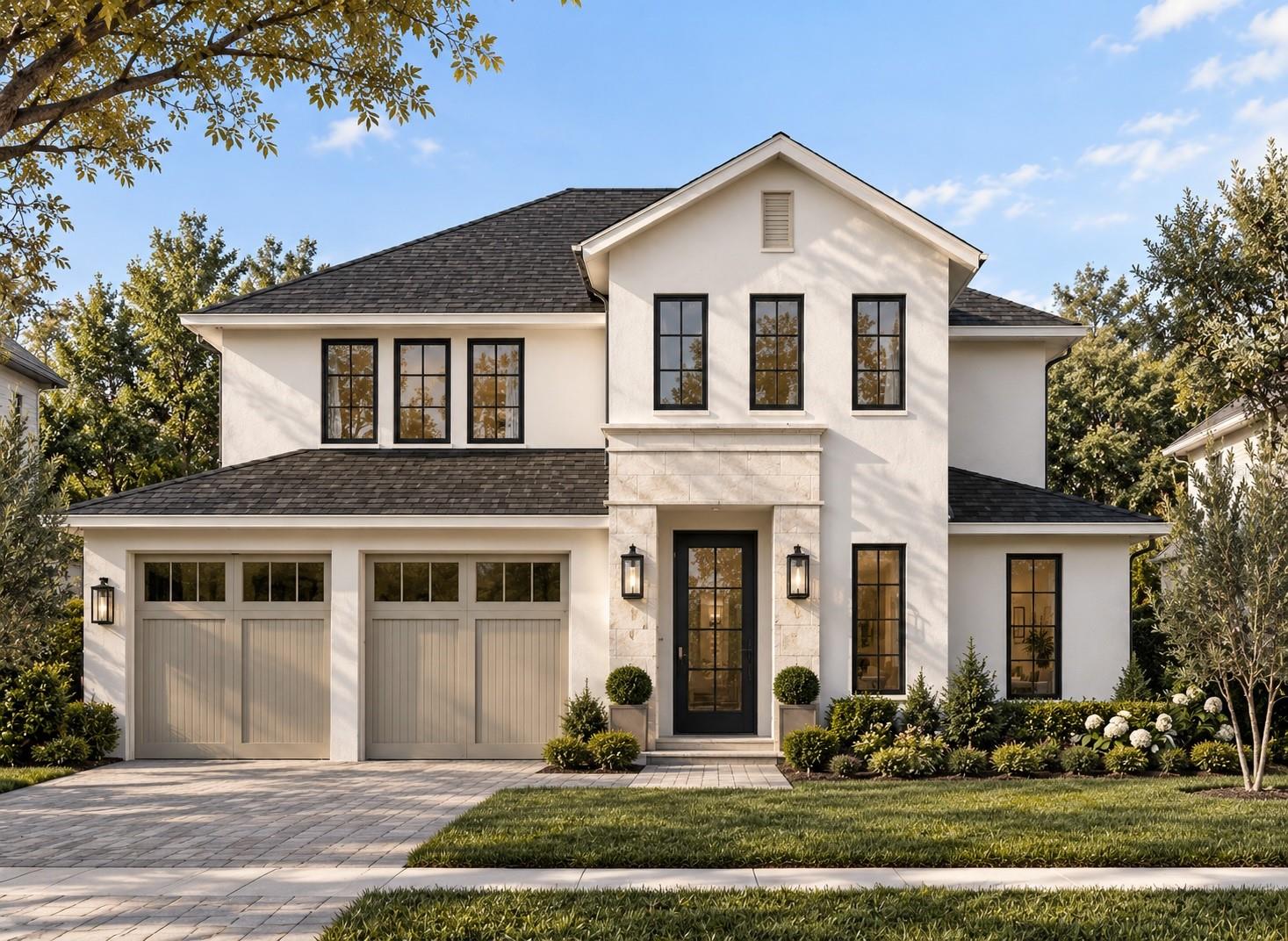 Two-story white house with tall black-framed windows, a stone entry, and landscaped front lawn.