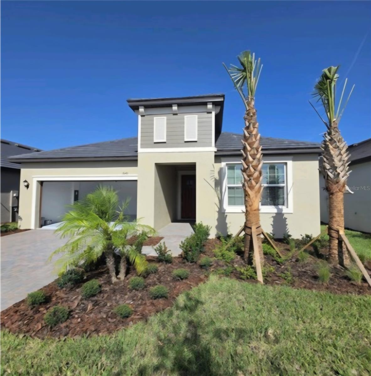 Modern pale stucco home with a gray upper facade, attached garage, and two young palm trees in front.