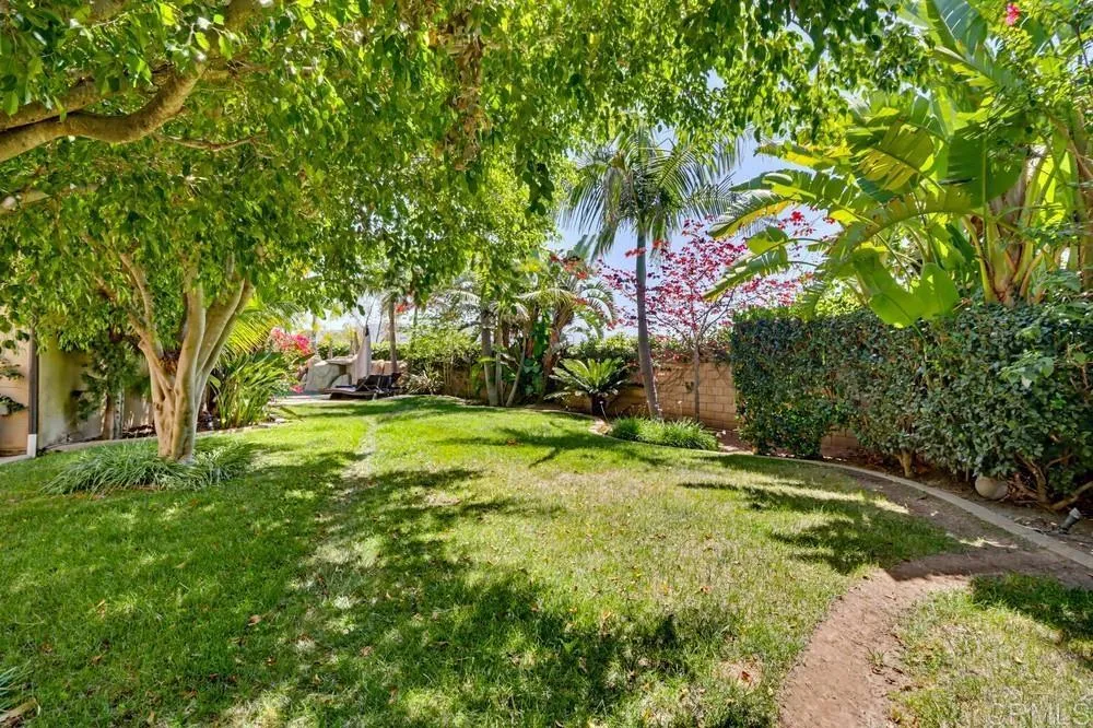 Backyard lawn shaded by mature trees, with tropical landscaping and lounge seating.