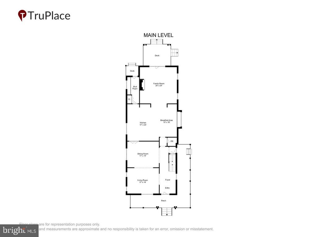 Main-level floor plan showing living and dining rooms, kitchen, family room, porch, and decks.