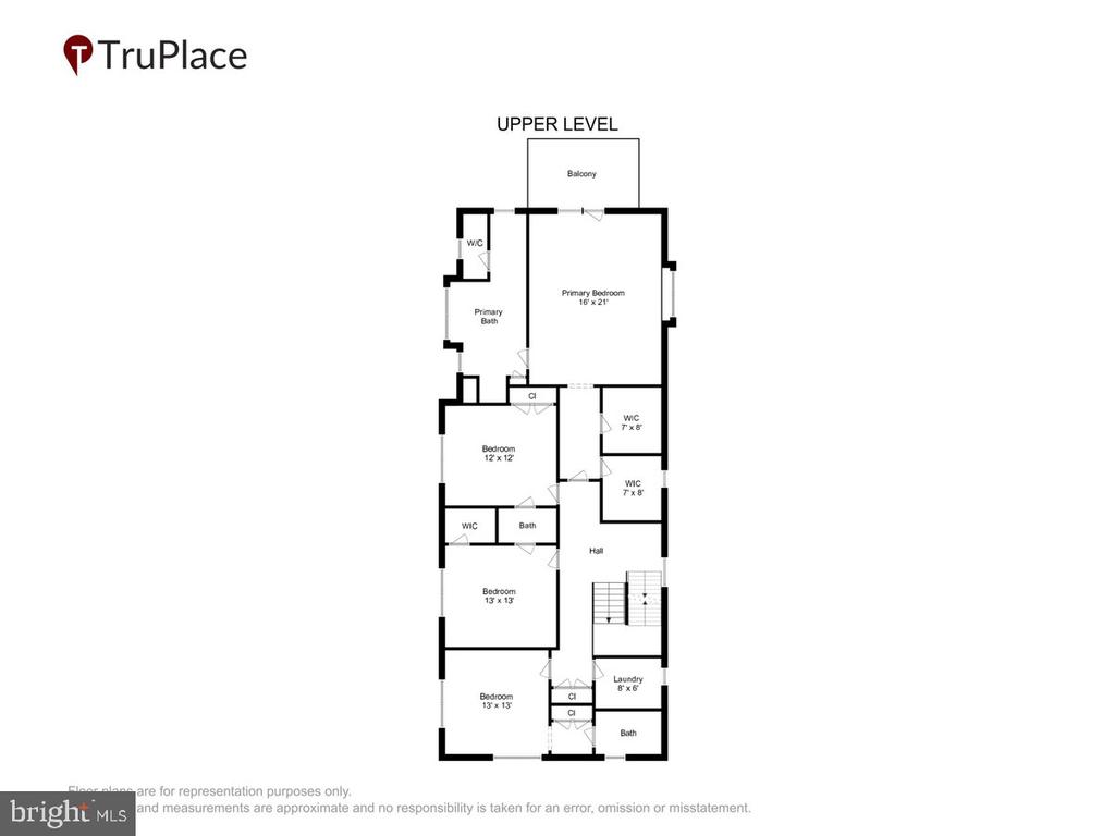 Upper-level floor plan showing bedrooms, bathrooms, laundry, hall, stairs, and balcony.