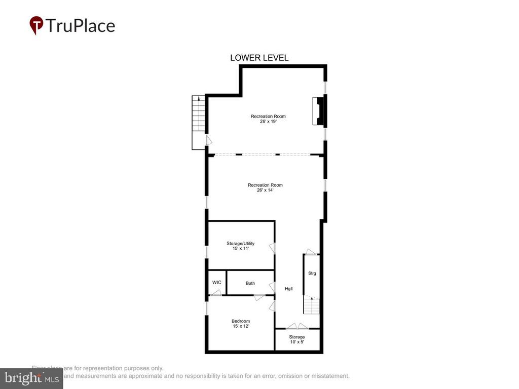 Lower-level floor plan with two recreation rooms, a bedroom, bath, walk-in closet, storage and stairs.