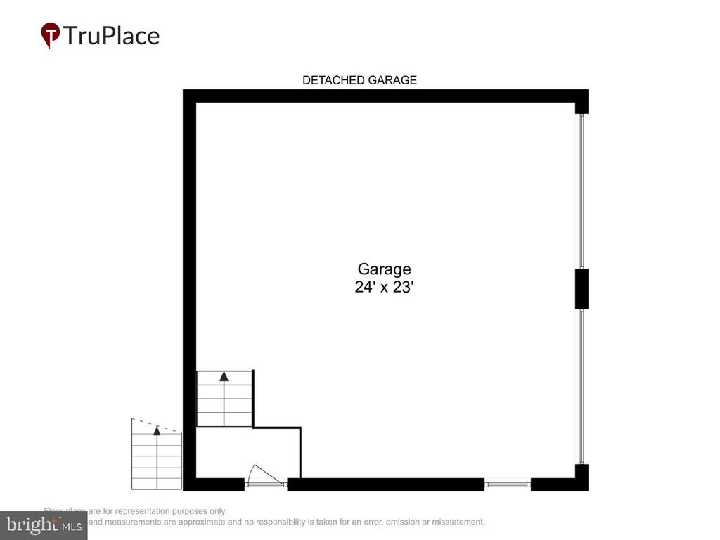 Detached garage floor plan, labeled 24 by 23 feet, with stairs and door openings.