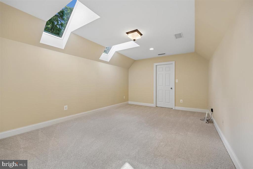 Empty carpeted room with two skylights in its sloped ceiling and a white door.