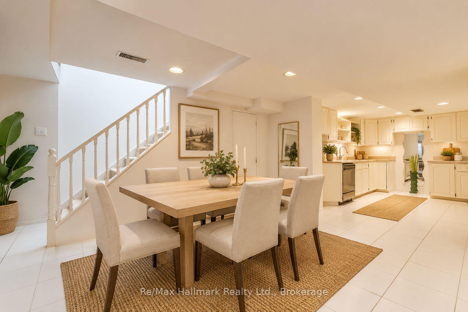 Staged dining area beside a bright white kitchen, with a staircase rising behind the table.
