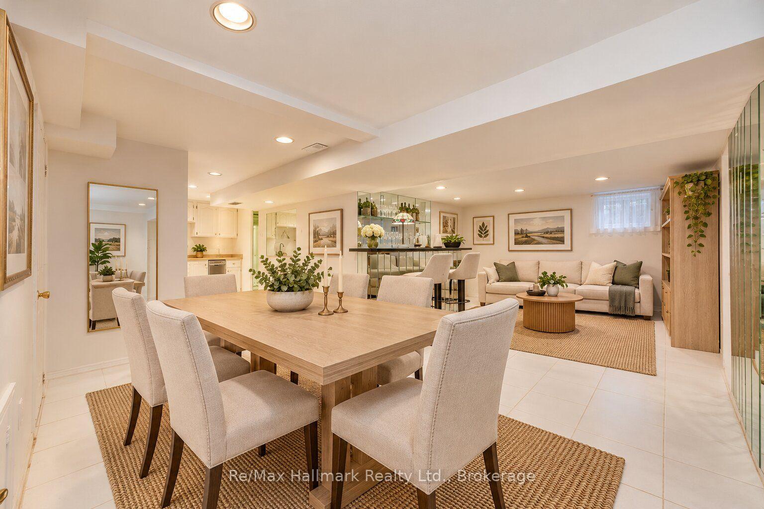 Open-plan dining and living area with a large wood dining table, cream seating, and a mirrored bar.