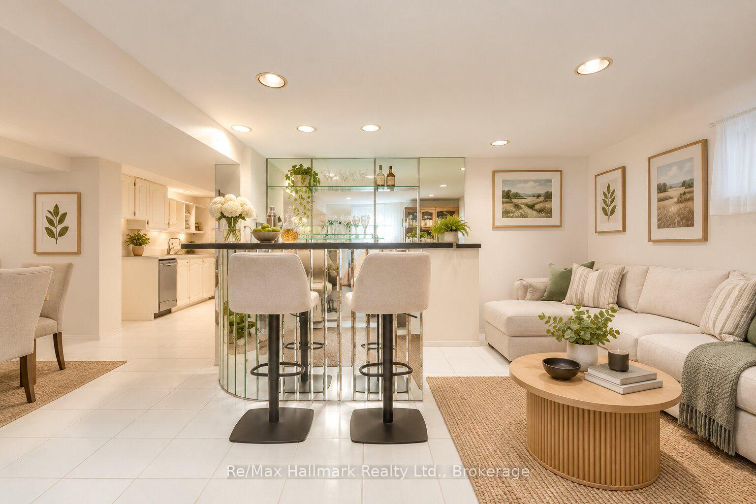 Open-concept kitchen and living area with a mirrored breakfast bar, cream seating, and light tile floors.