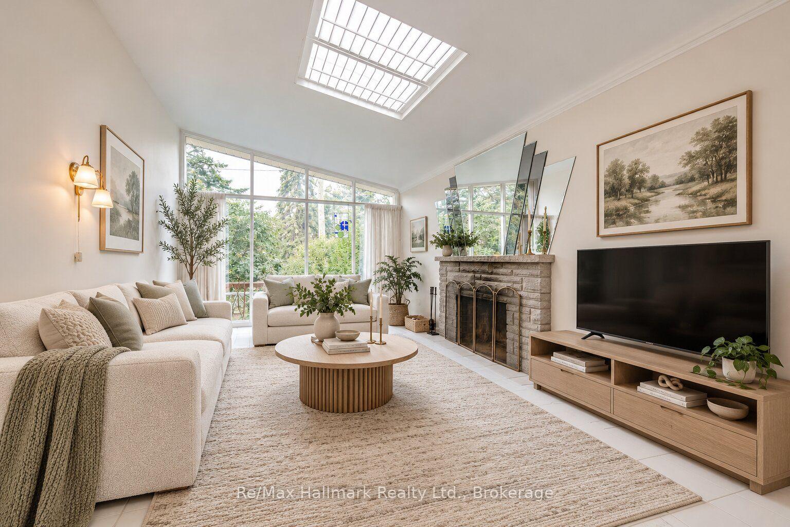 Living room with a stone fireplace, skylight, and expansive windows overlooking greenery.