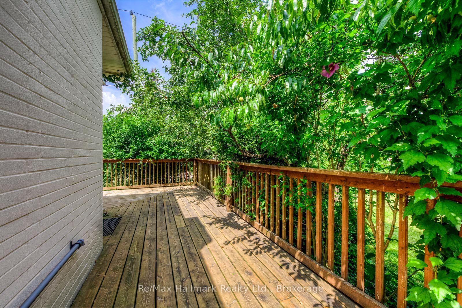 Wooden deck with a railing, surrounded by dense leafy trees.