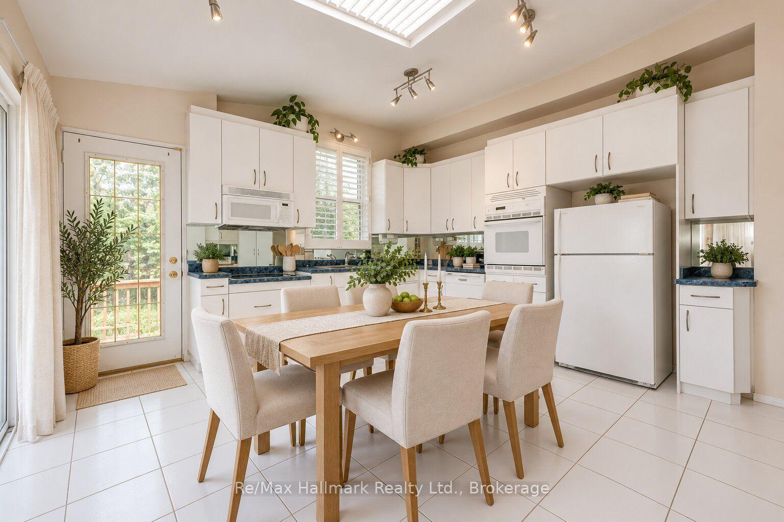 Bright kitchen and dining area with white cabinetry, blue countertops, and a wood dining table.