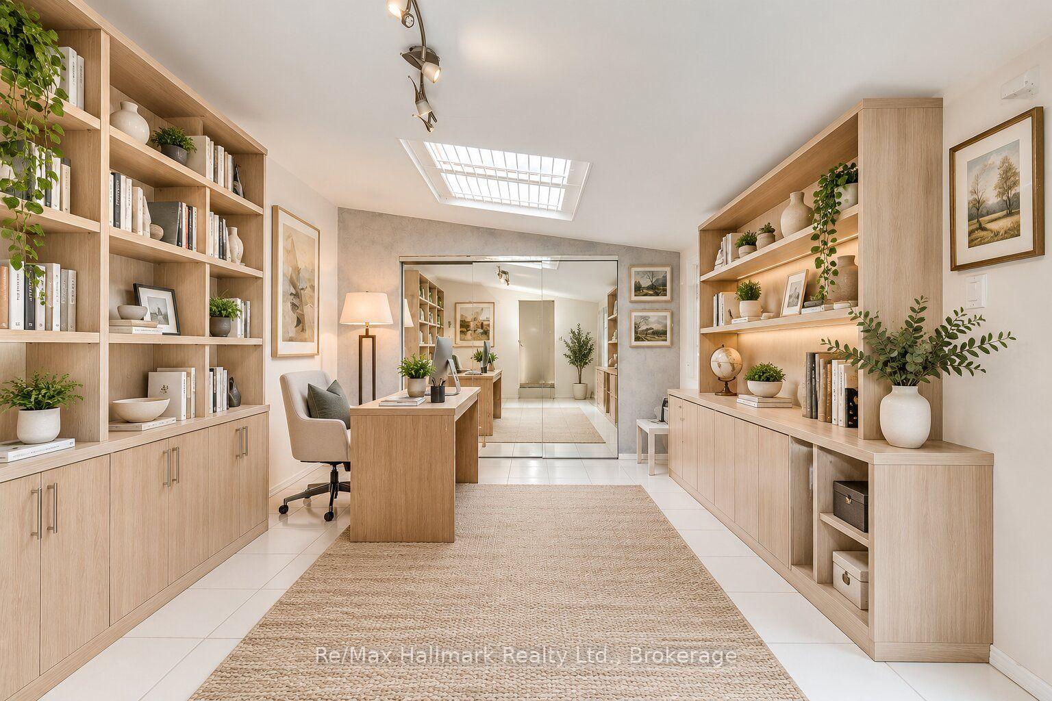 Home office with pale wood built-in shelving, a desk, and a large mirrored wall.
