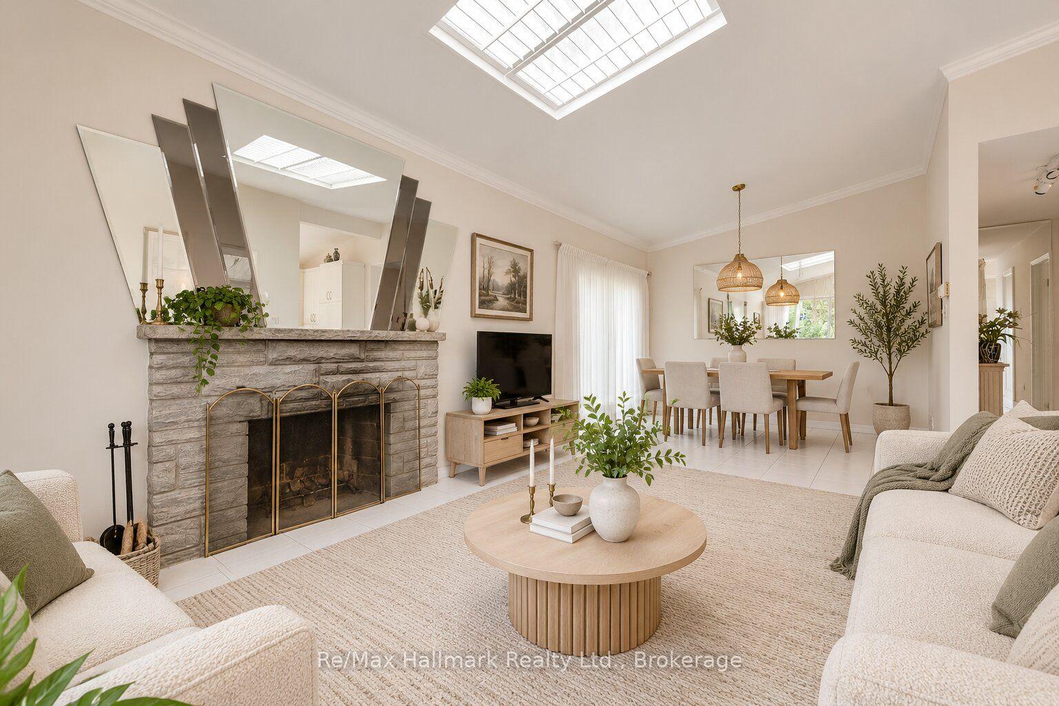 Living room with a stone fireplace, sculptural mirrors, skylight, and an adjoining dining area.