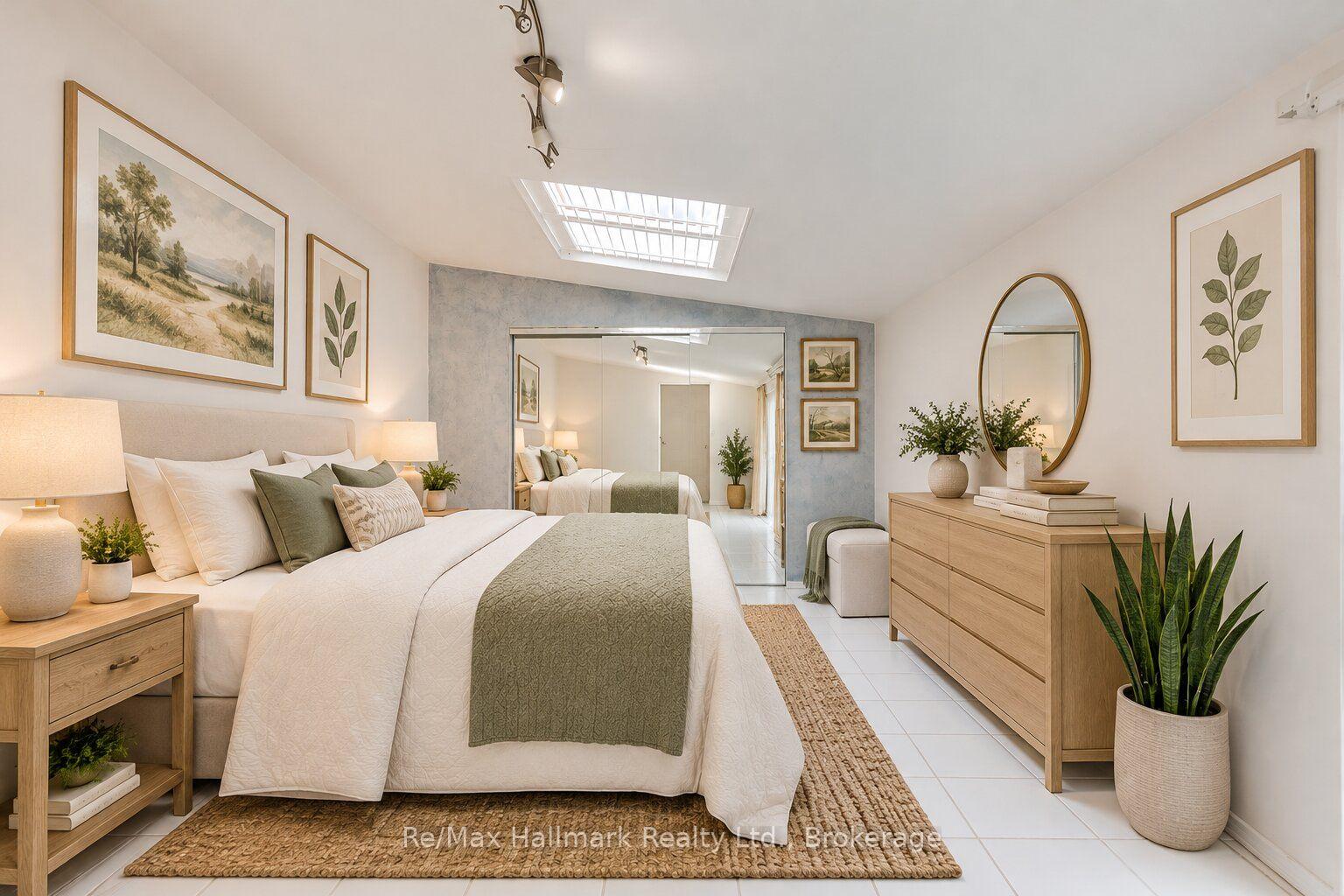 Bright staged bedroom with a skylight, mirrored wall, and neutral furnishings.