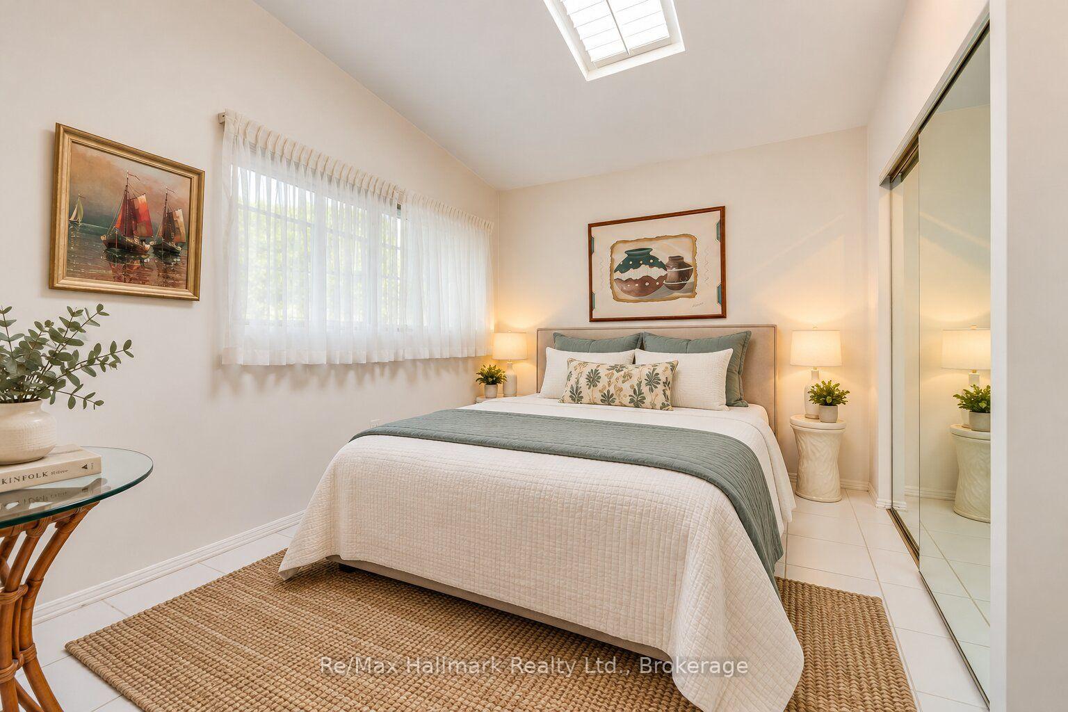 Bedroom with a sage-green bedspread, sheer-curtained windows, and mirrored closet doors.
