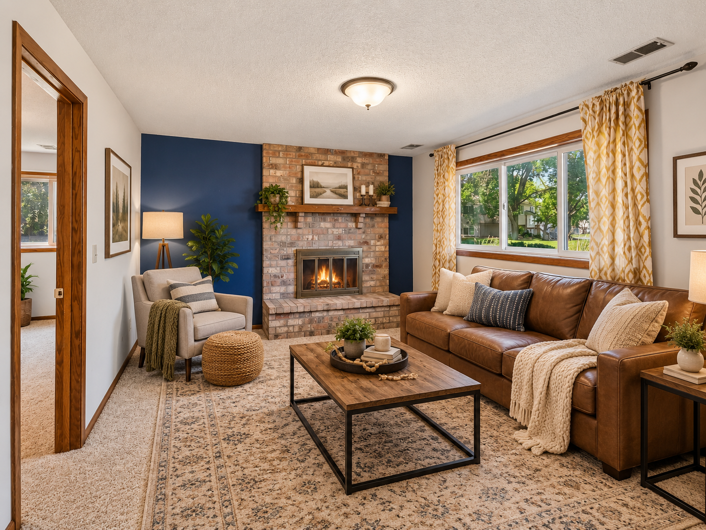 Living room with a brick fireplace, navy accent wall, leather sofa, and large curtained window.