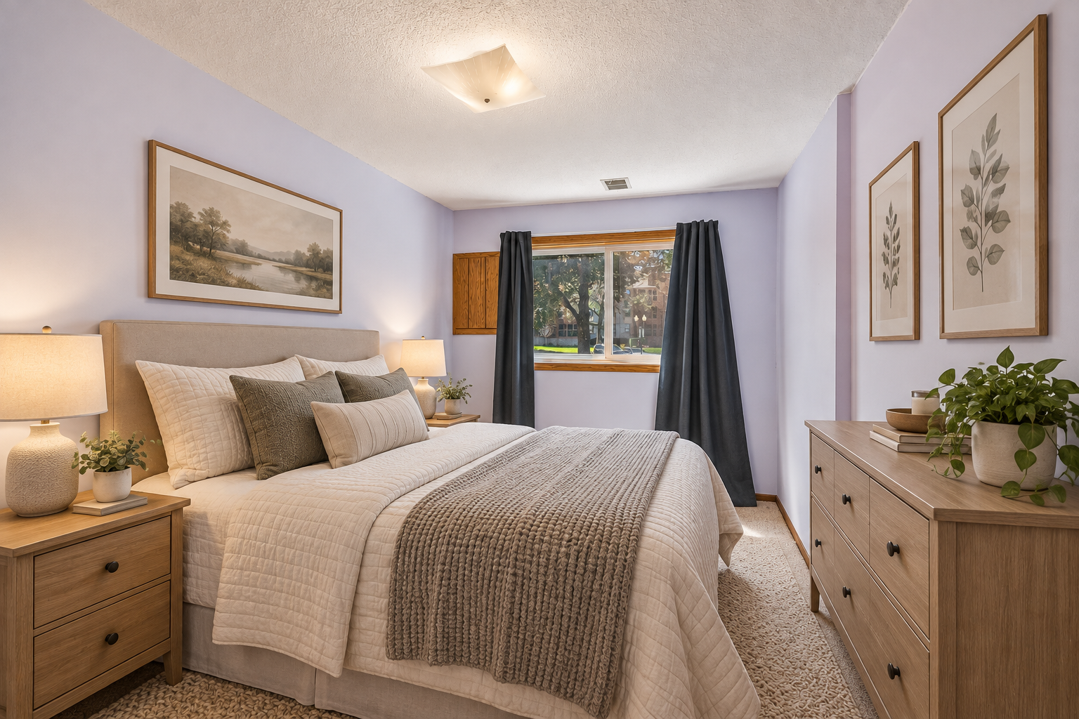 Staged bedroom with cream bedding, a gray throw, lavender walls, and a window overlooking trees.