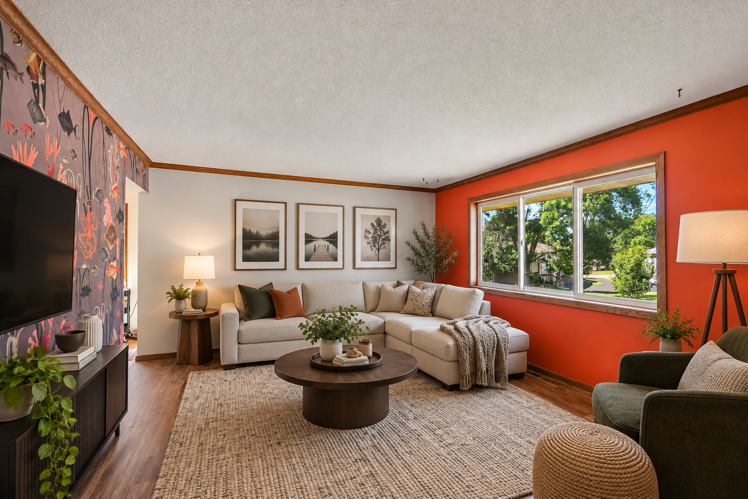 Living room with a beige sectional, vivid red accent wall, and large window overlooking leafy trees.