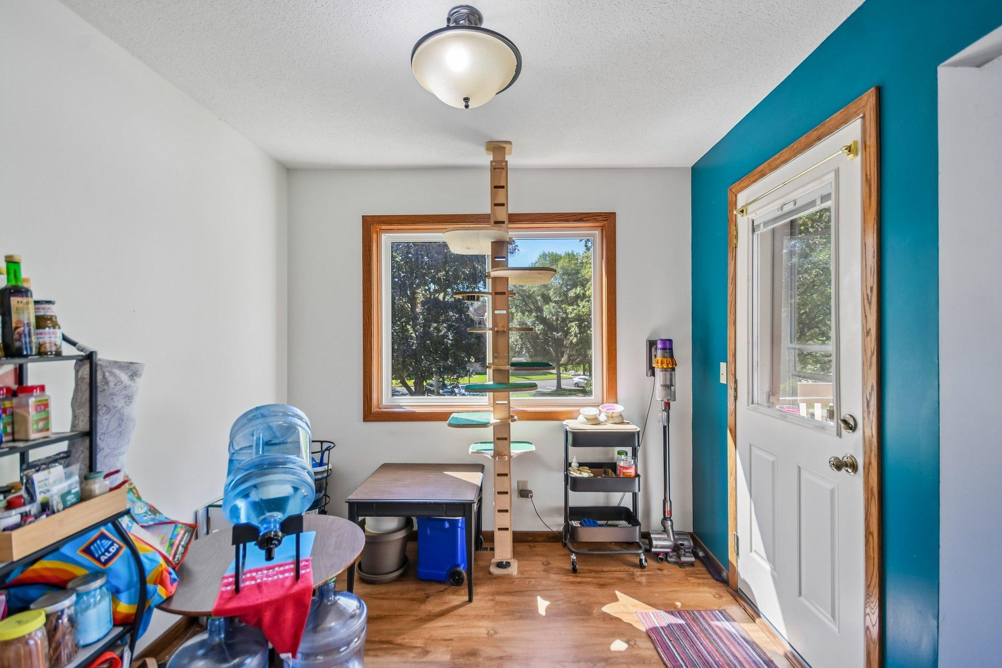 Utility room with a tall cat tree by the window, teal wall, and exterior door.