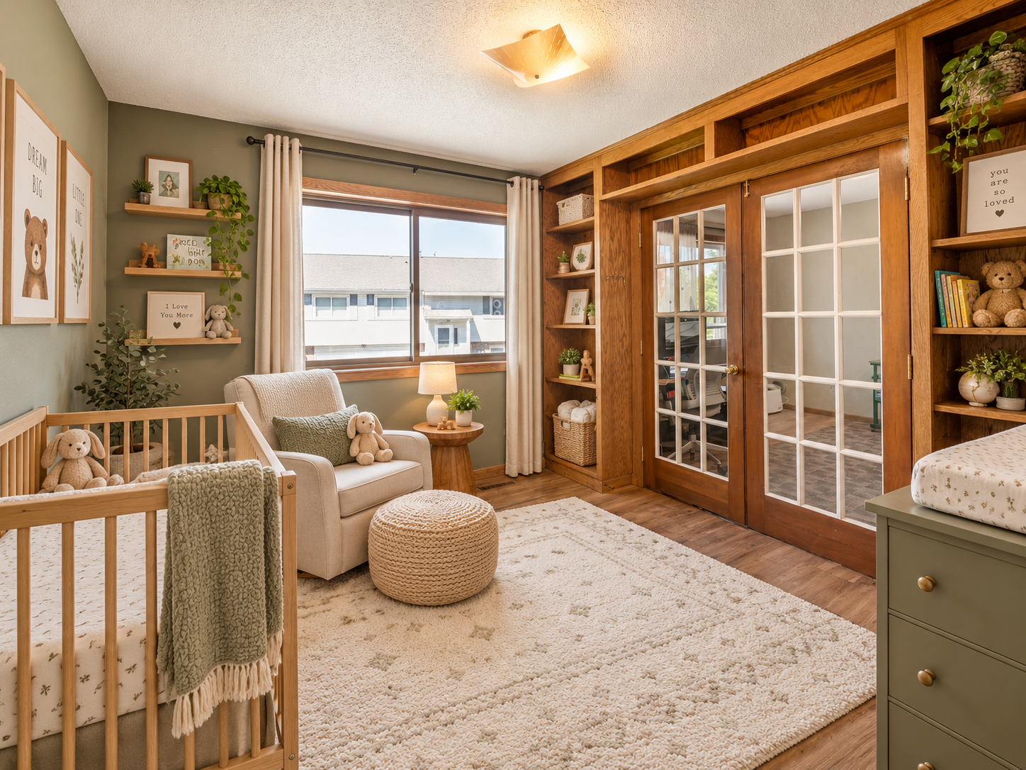 Nursery with a wooden crib, built-in wood shelves, and glass-paneled double doors.