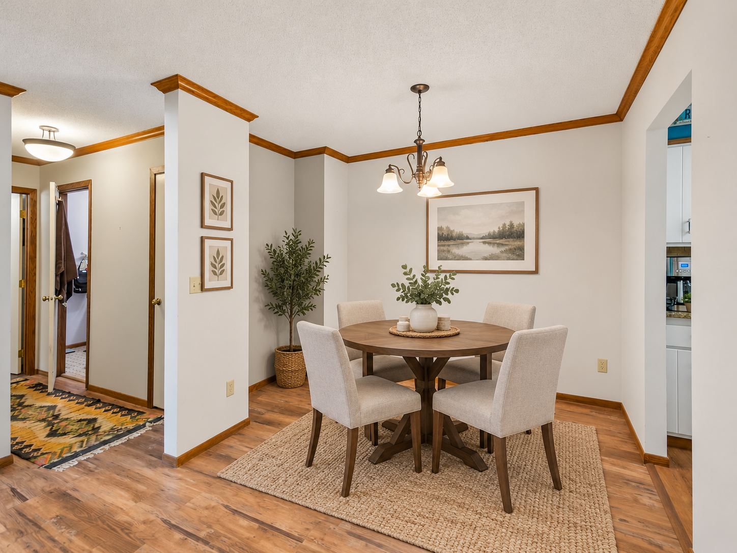 Dining room with a round wooden table, four upholstered chairs, and a pendant chandelier.