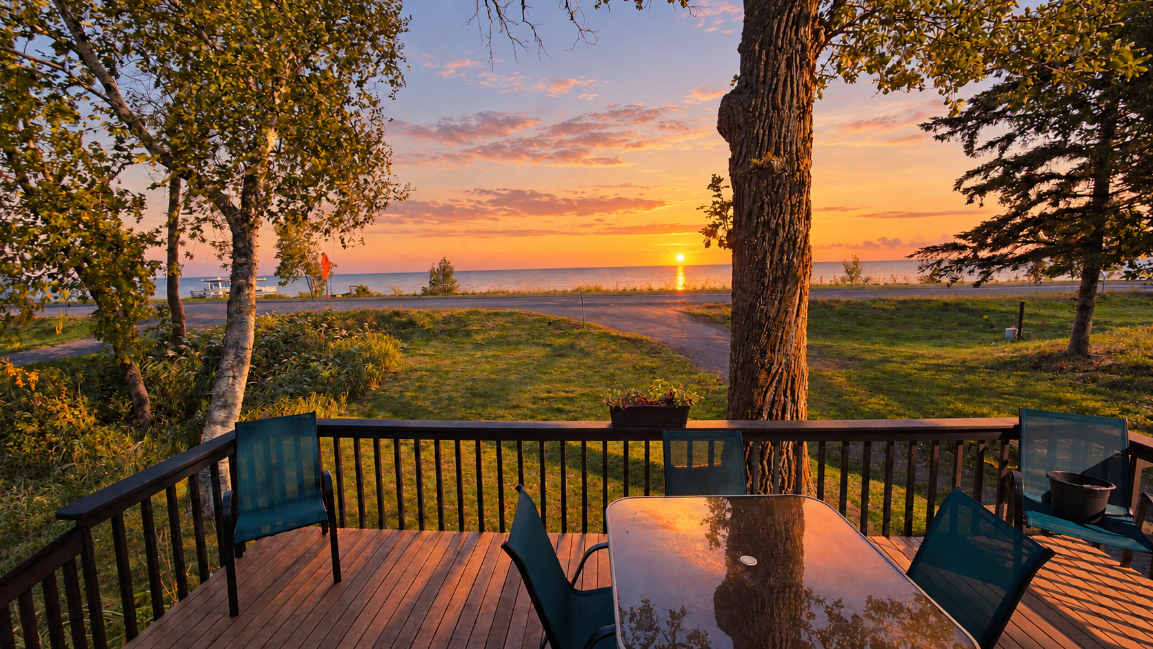 Furnished deck overlooking the water at sunset, with a glass-top dining table and leafy trees.