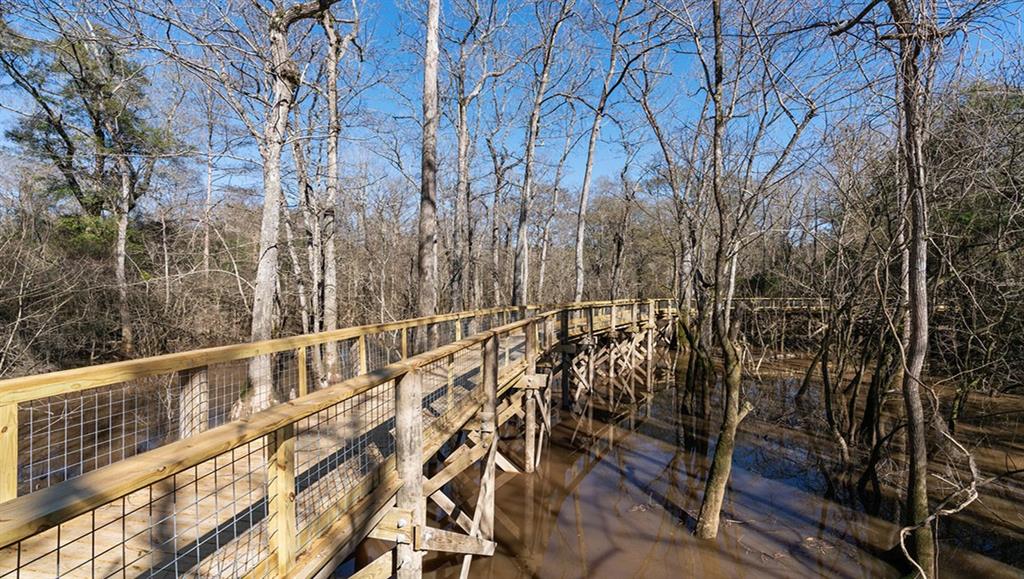 Wooden boardwalk with wire railings crossing a flooded, leafless woodland.