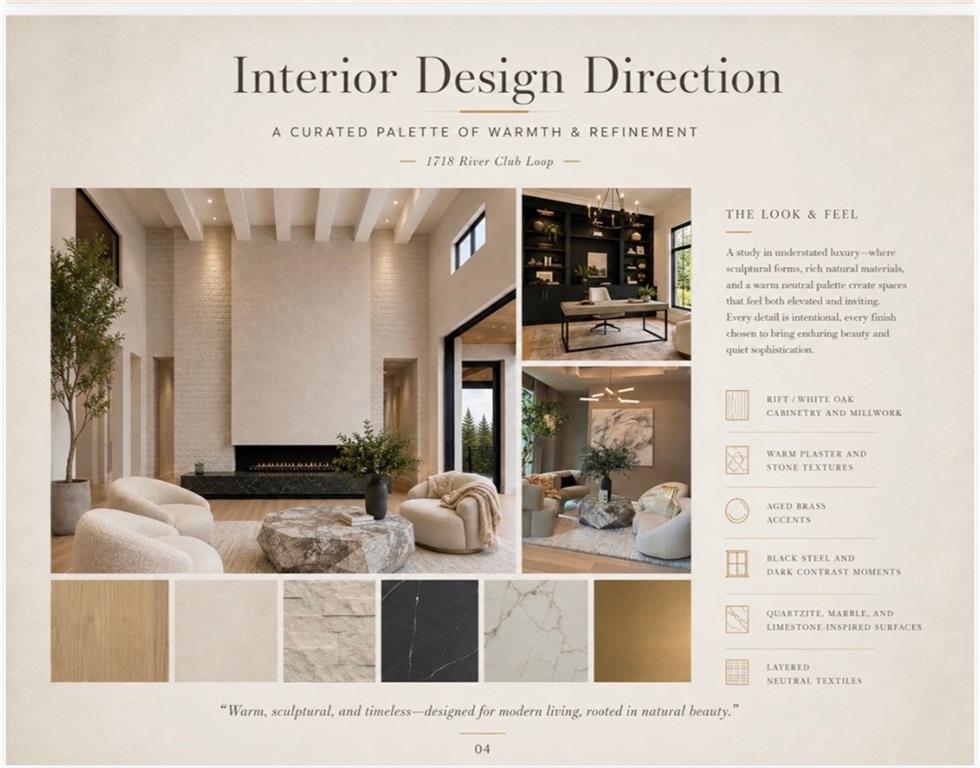 Interior design board with warm neutral living spaces, natural stone and wood swatches, and finish selections.
