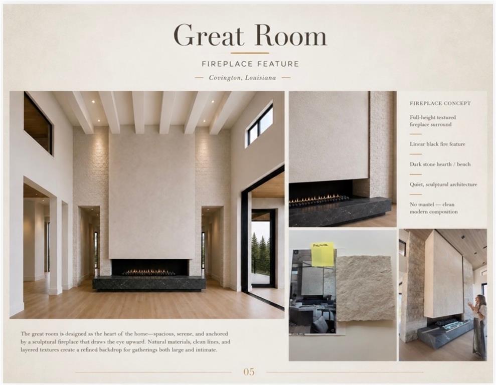 Great room feature sheet highlighting a double-height space and sculptural linear fireplace.