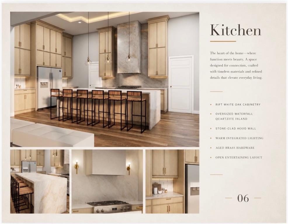 Kitchen feature panel with light oak cabinetry, waterfall quartzite island, stone-clad hood, and integrated lighting.