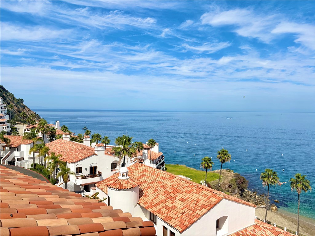 Terracotta rooftops and white coastal homes overlook palm trees, rocky shore, and blue ocean.
