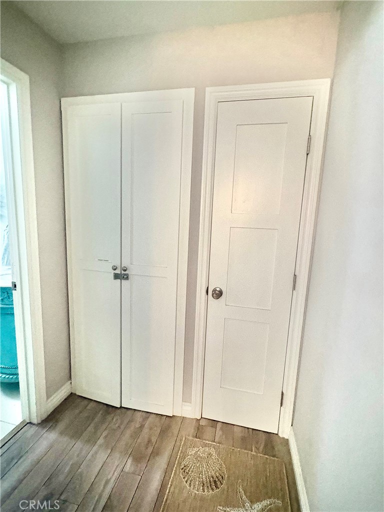 Hallway with white closet doors, a paneled door, and a patterned rug on wood-look flooring.