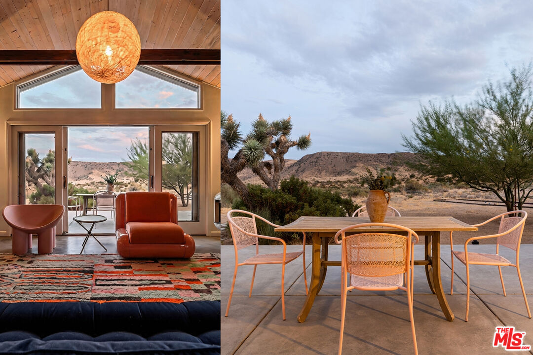 Living room and patio with vaulted wood ceiling, outdoor dining area, and desert hill views.