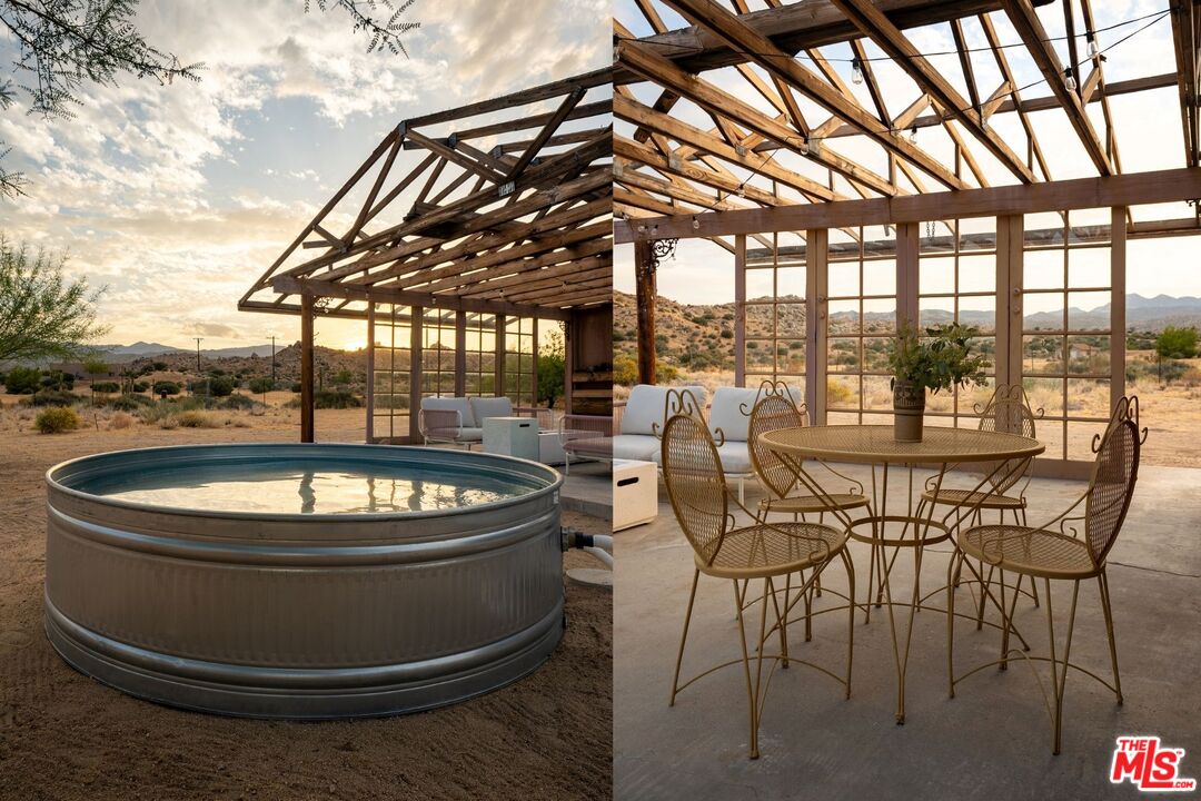 Covered desert patio with a round hot tub, timber pergola, and outdoor dining set.