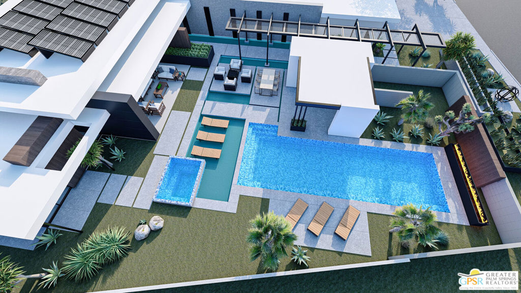 Aerial rendering of a modern home with a large pool, spa, and landscaped courtyard.