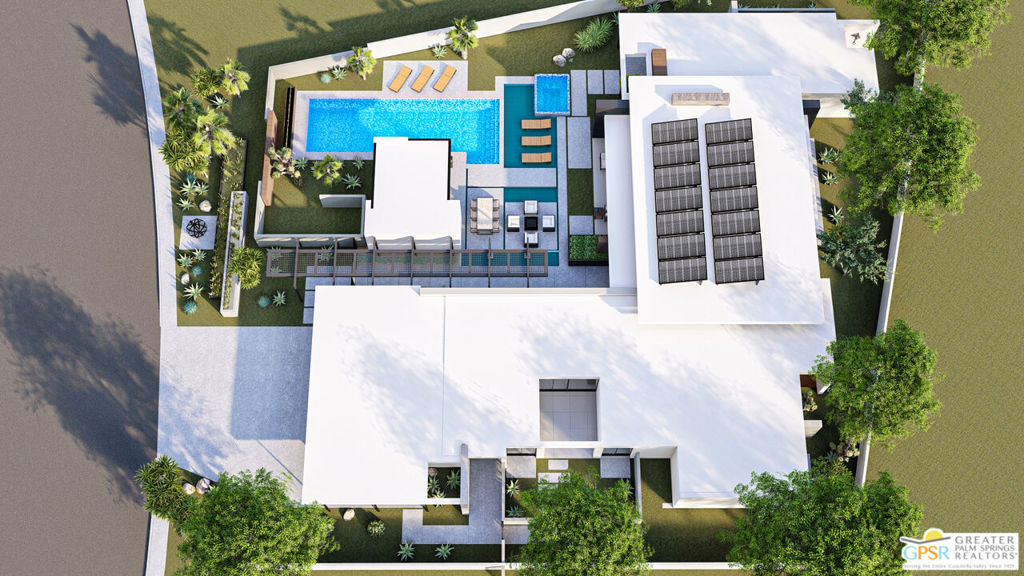 Aerial rendering of a modern home with a backyard pool, hot tub, and rooftop solar panels.